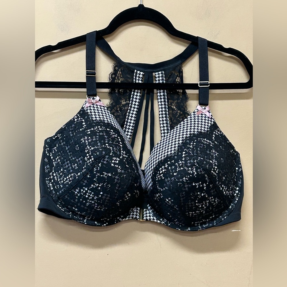 Cacique Black White Houndstooth Boost Plunge Underwire Bra 44DD